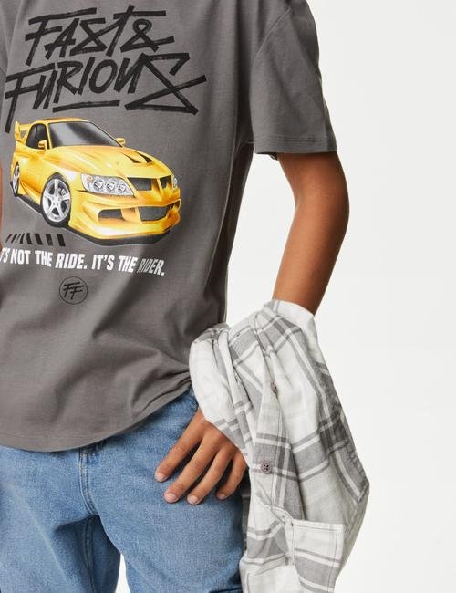 Gri Saf Pamuklu Fast&Furious™ T-Shirt (6-16 Yaş)