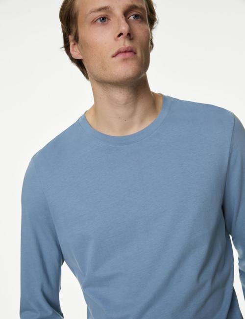 Mavi Saf Pamuklu Uzun Kollu T-Shirt