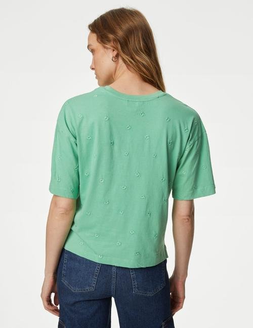 Yeşil Saf Pamuklu Desenli Kısa Kollu T-Shirt