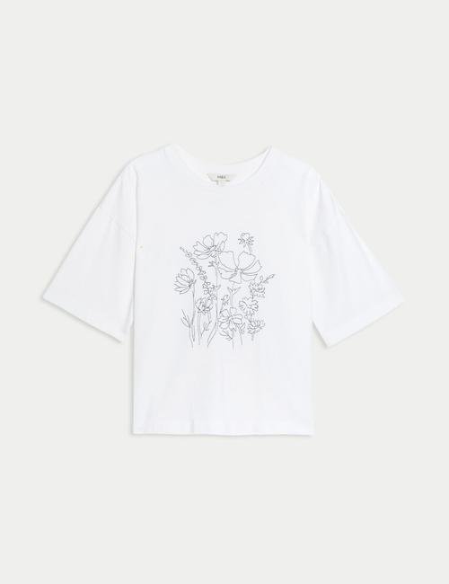 Beyaz Saf Pamuklu Çiçek Desenli Kısa Kollu T-Shirt