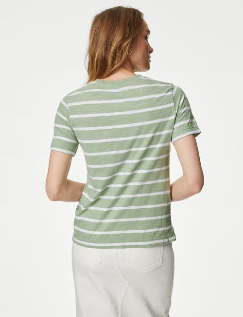 Yeşil Saf Pamuklu Çizgili Kısa Kollu T-Shirt