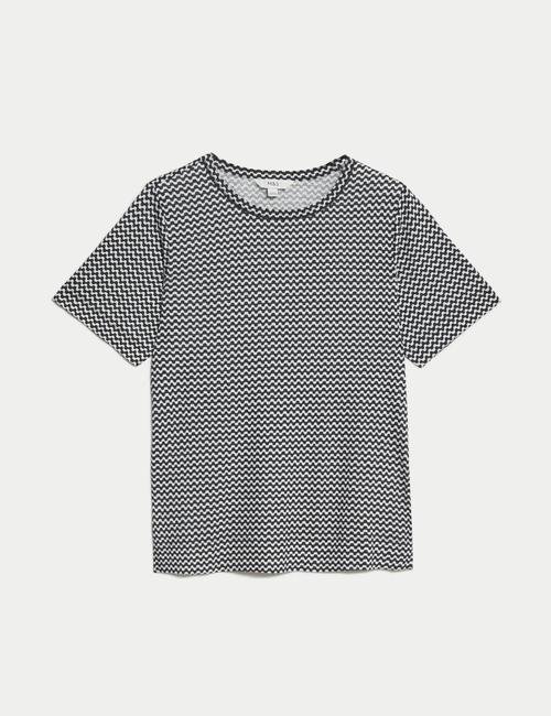 Siyah/Beyaz Kısa Kollu Desenli Keten T-Shirt