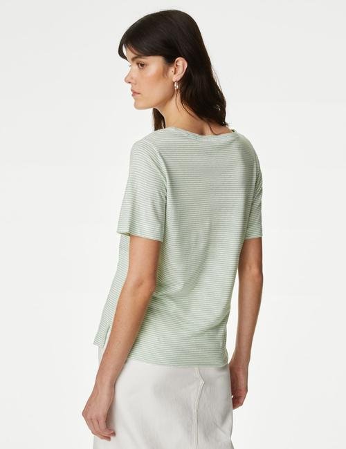 Yeşil V Yaka Çizgili Keten T-Shirt