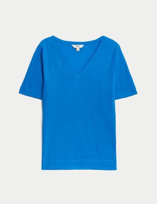 Mavi Kısa Kollu V Yaka Keten T-Shirt