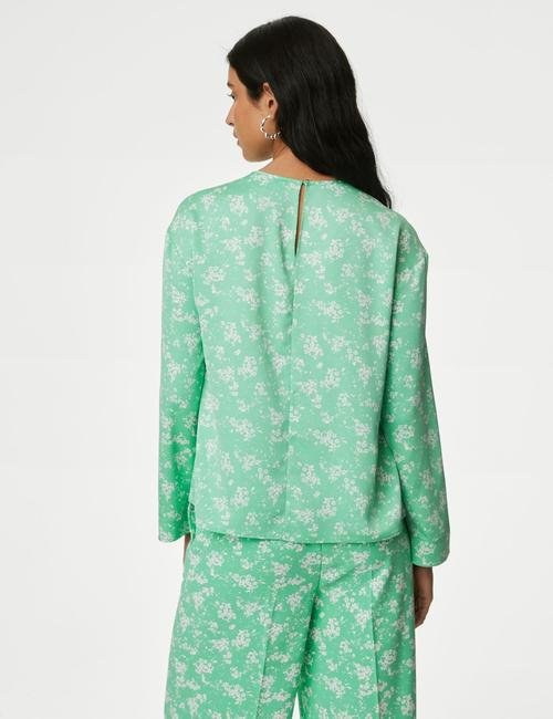 Yeşil Çiçek Desenli Uzun Kollu Bluz
