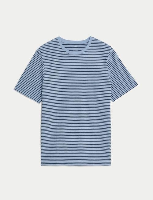Mavi Saf Pamuklu Kısa Kollu Çizgili T-Shirt