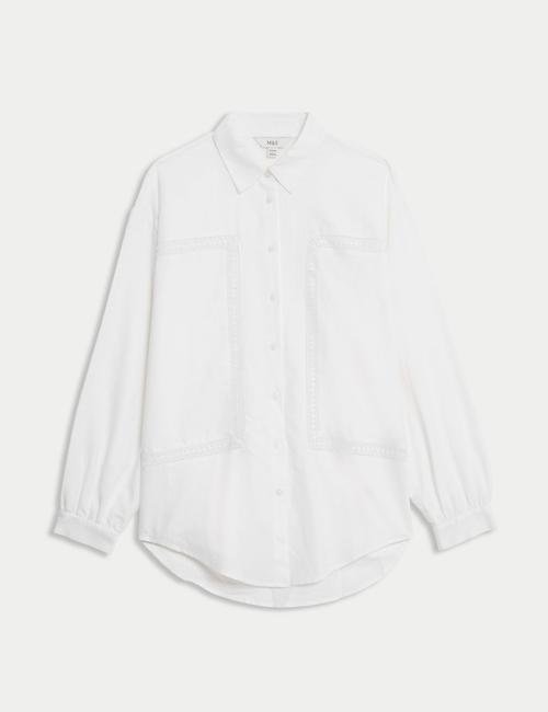Beyaz Dantel Detaylı Uzun Kollu Keten Gömlek