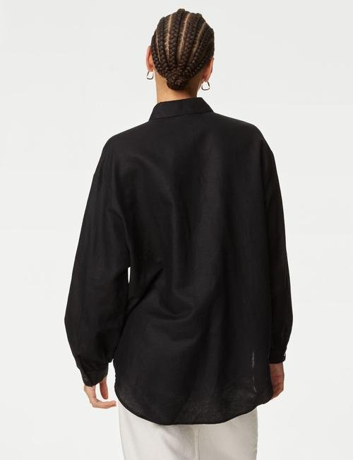 Siyah Dantel Detaylı Uzun Kollu Keten Gömlek