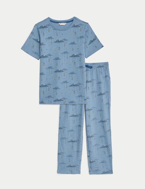 Mavi Saf Pamuklu Kısa Kollu Pijama Takımı (6-16 Yaş)