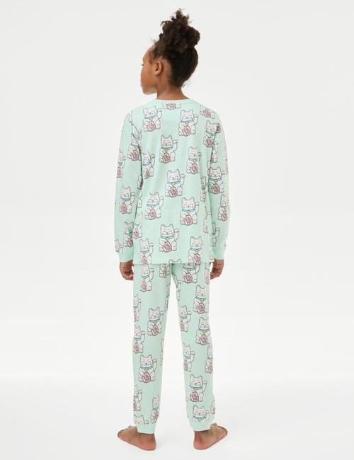 Yeşil Kedi Desenli Uzun Kollu Pijama Takımı (7-14 Yaş)