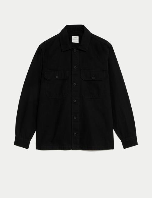 Siyah Saf Pamuklu Uzun Kollu Gömlek Ceket