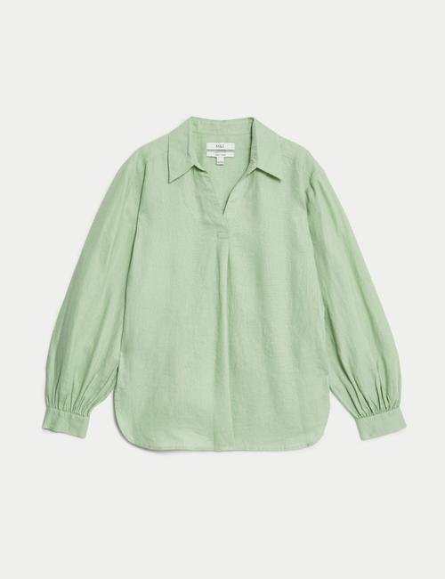 Yeşil Uzun Kollu Keten Popover Bluz