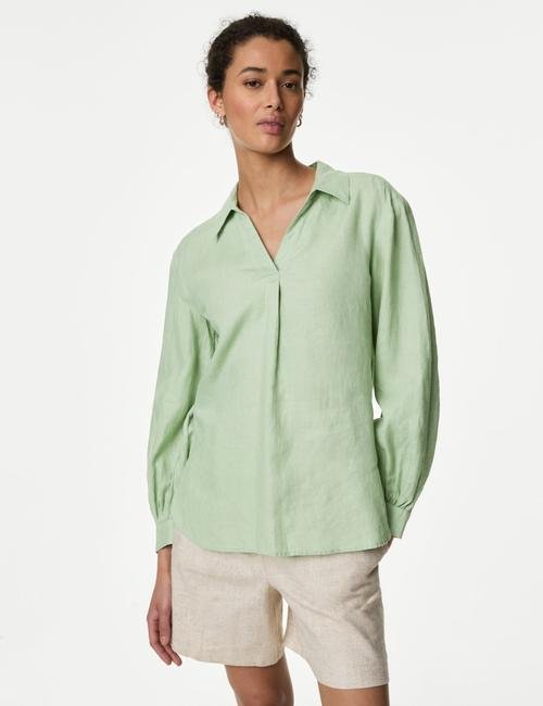 Yeşil Uzun Kollu Keten Popover Bluz