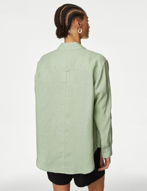 Yeşil Relaxed Fit Uzun Kollu Keten Gömlek