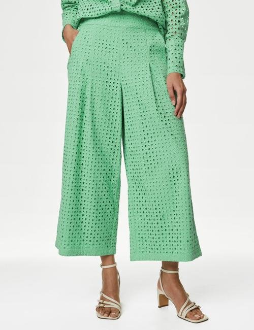 Yeşil Saf Pamuklu Wide Leg Kapri Pantolon