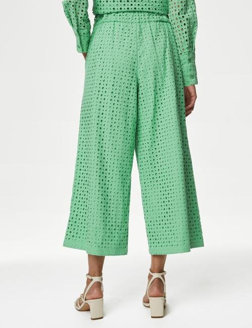 Yeşil Saf Pamuklu Wide Leg Kapri Pantolon