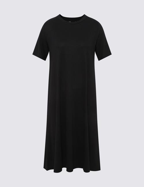 Siyah Kısa Kollu Midi Örme Elbise