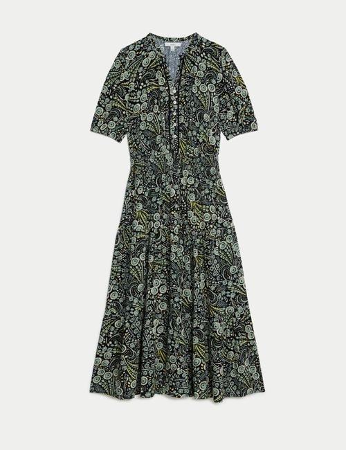 Lacivert V Yaka Desenli Midi Elbise