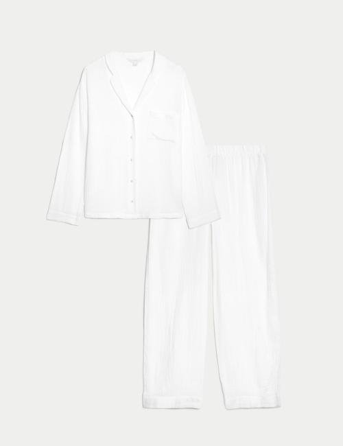 Beyaz Saf Pamuklu Uzun Kollu Müslin Pijama Takımı
