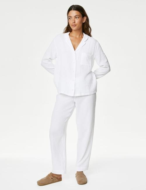 Beyaz Saf Pamuklu Uzun Kollu Müslin Pijama Takımı