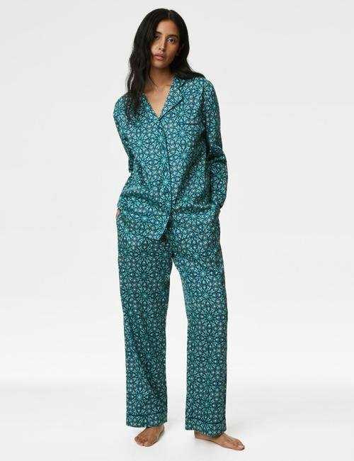 Yeşil Saf Pamuklu Uzun Kollu Pijama Takımı