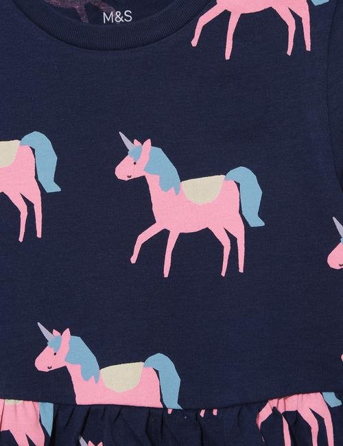 Lacivert Saf Pamuklu Unicorn Desenli Kısa Kollu Elbise (2-7 Yaş)