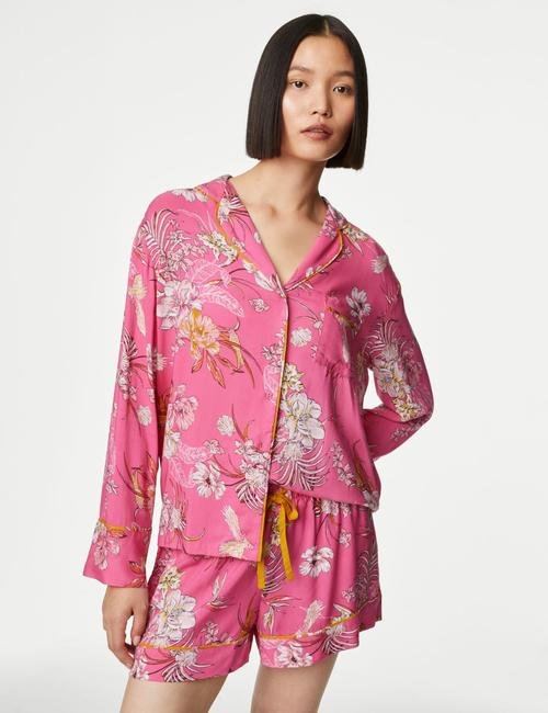 Pembe Çiçek Desenli Uzun Kollu Pijama Üstü