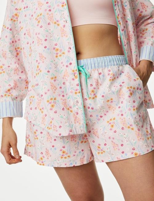 Pembe Saf Pamuklu Çiçek Desenli Şortlu Pijama Altı