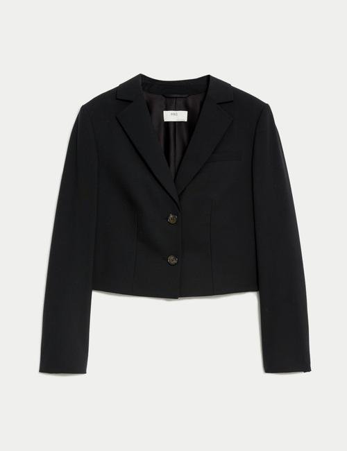 Siyah Tailored Fit Crop Yün Blazer Ceket