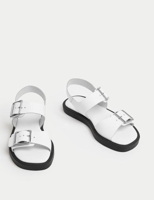 Beyaz Toka Detaylı Deri Sandalet