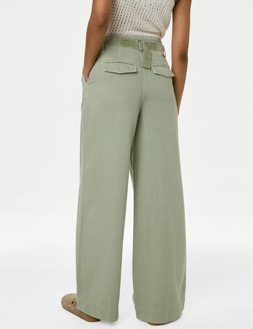 Yeşil Lyocell™ Pile Detaylı Wide Leg Pantolon
