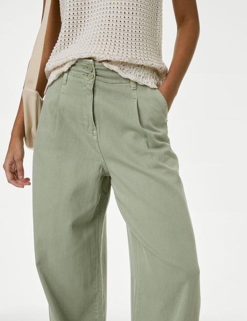 Yeşil Lyocell™ Pile Detaylı Wide Leg Pantolon
