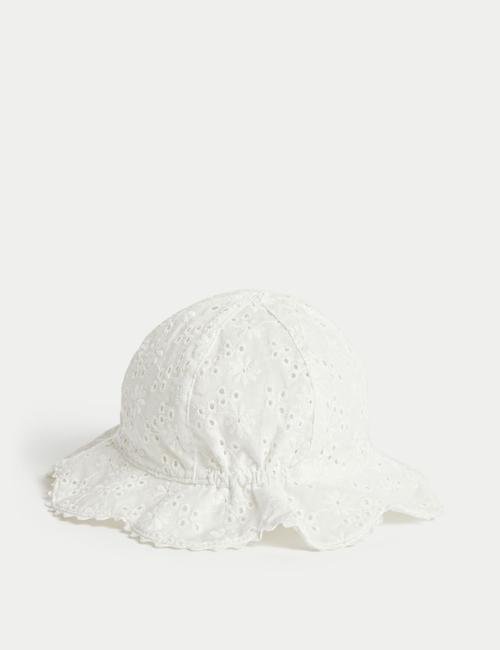 Beyaz Saf Pamuklu İşleme Detaylı Şapka (0-1 Yaş)