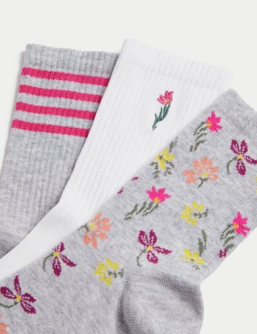 Gri 3'lü Çiçek Desenli Çorap Seti