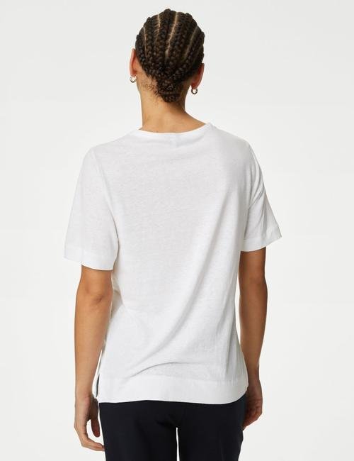 Beyaz Kısa Kollu Keten T-Shirt
