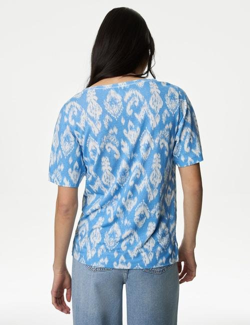 Mavi V Yaka Desenli Keten T-Shirt
