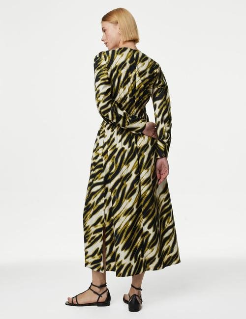 Multi Renk Uzun Kollu Desenli Midi Elbise