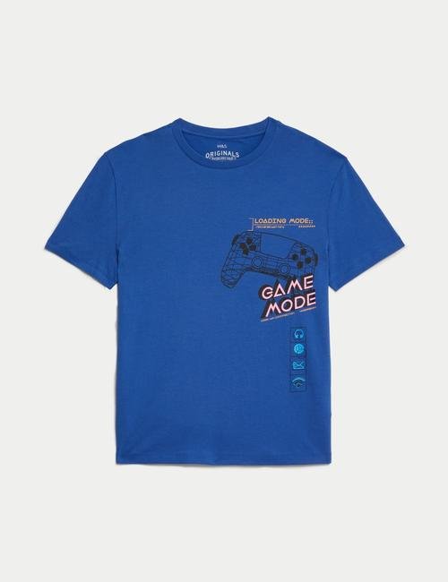 Mavi Saf Pamuklu Oyun Temalı Kısa Kollu T-Shirt (6-16 Yaş)