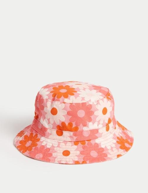 Pembe Saf Pamuklu Çiçek Desenli Bucket Şapka (1-13 Yaş)