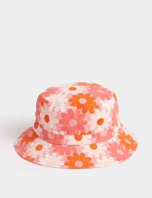 Pembe Saf Pamuklu Çiçek Desenli Bucket Şapka (1-13 Yaş)