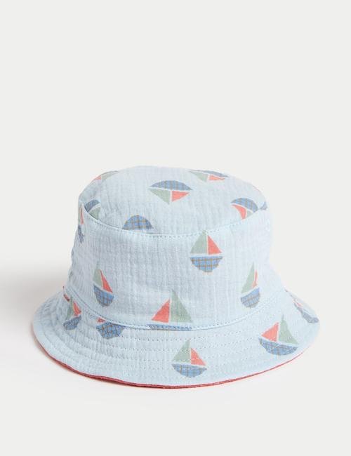 Mavi Saf Pamuklu Çift Taraflı Bucket Şapka (0-1 Yaş)