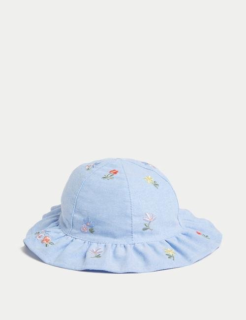 Mavi Saf Pamuklu Çiçek Desenli Şapka (0-1 Yaş)