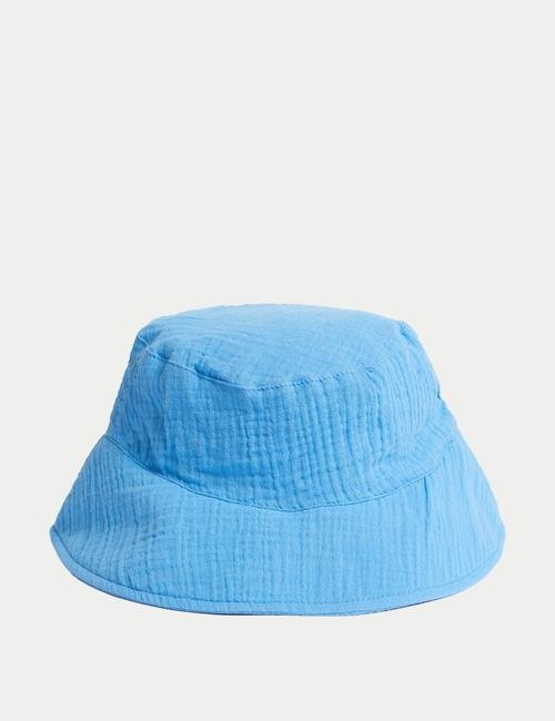 Mavi Saf Pamuklu Bucket Şapka (1-13 Yaş)