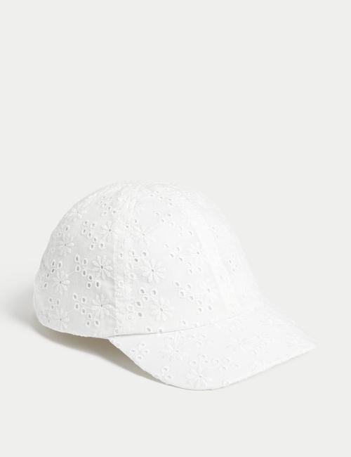 Beyaz Saf Pamuklu İşleme Detaylı Şapka (1-13 Yaş)