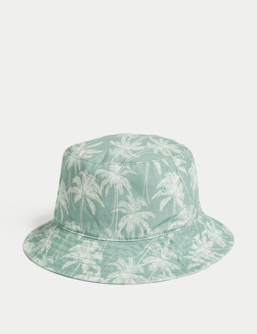 Yeşil Saf Pamuklu Palmiye Desenli Bucket Şapka (1-13 Yaş)