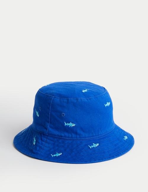 Lacivert Saf Pamuklu Köpekbalığı Desenli Bucket Şapka (1-13 Yaş)