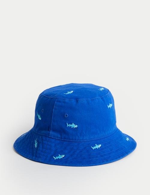 Lacivert Saf Pamuklu Köpekbalığı Desenli Bucket Şapka (1-13 Yaş)