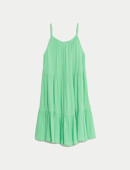 Yeşil Desenli Askılı Mini Elbise (6-16 Yaş)
