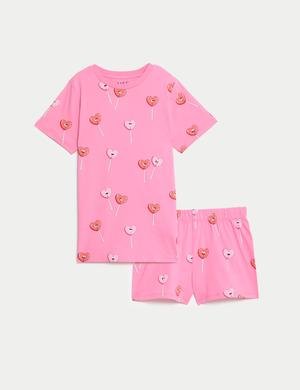 Saf Pamuklu Kalp Desenli Pijama Takımı (7-14 Yaş)