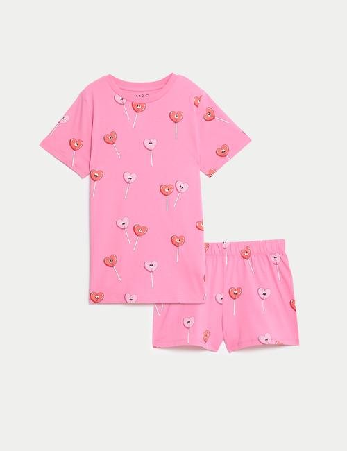Pembe Saf Pamuklu Kalp Desenli Pijama Takımı (7-14 Yaş)